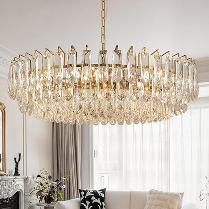 31.5" Modern Crystal Chandelier Gold 3-Tier Luxury Pendant Light Gold Plated Ceiling Pendant Lighting for Dinning Room Living Room Foyer