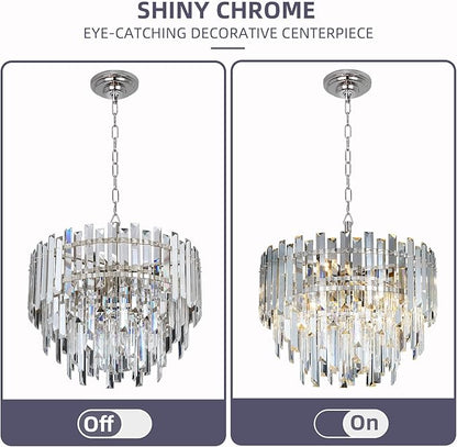 Chrome Modern Top K9 Crystal Chandelier Lighting Fixture, 6 Lights Round K9 Crystal Adjustable Hanging Lamp for Dining Room Bedroom Living Room,Hallway,Bar,Kitchen W17.6