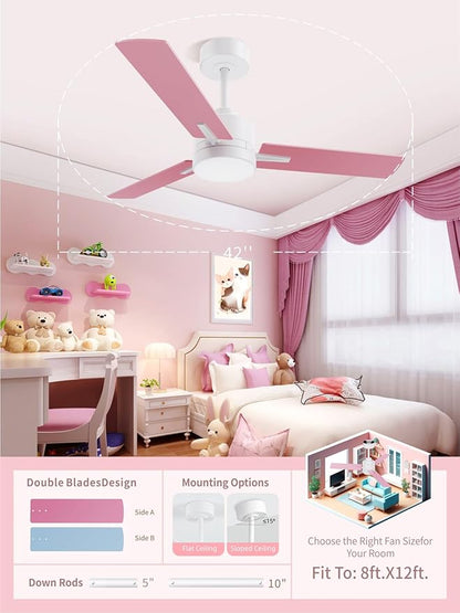 LANMEL 42'' Ceiling Fan with Lights and Remote, Pink Blue Ceiling Light for Kids Room, Modern Ceiling Fan for Boys Girls, 6 Speed, Reversible, 3000k-6000k LED, Quiet DC Motor for Indoor Outdoor
