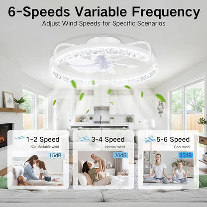OUTON 20" Fandelier Low Profile Ceiling Fan with Light, Remote & App Control, Flush Mount Ceiling Fan with 3000K-6500K Stepless Dimmable, 6 Speed, Quiet DC Motor, Small Modern Fans for Bedroom White