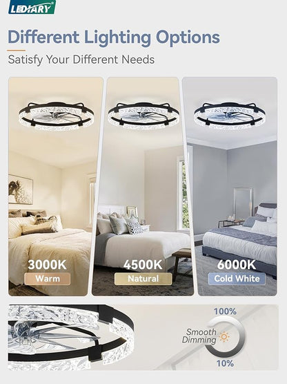 LEDIARY 2 Pack 24 Inch Low Profile Ceiling Fans with Lights and Remote, Fandelier Modern Ceiling Fan, 3000K-6000K Dimmable LED Fan Light, Black Flush Mount Ceiling Fans with Lights for Bedroom