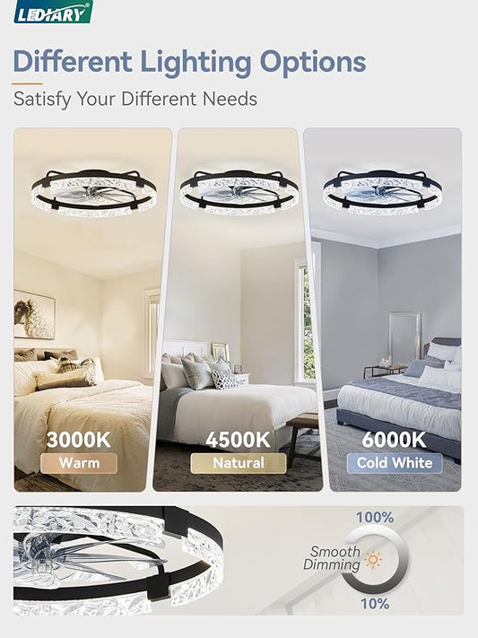 LEDIARY 2 Pack 24 Inch Low Profile Ceiling Fans with Lights and Remote, Fandelier Modern Ceiling Fan, 3000K-6000K Dimmable LED Fan Light, Black Flush Mount Ceiling Fans with Lights for Bedroom