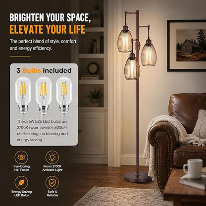 Nintiue Dimmable Floor Lamp,3x800LM LED Bulbs Included, Farmhouse Industrial Floor Lamp Standing Tree Lamp with Teardrop Cage Head Tall Lamp for Living Room Bedroom Office Dining Room - Matte Brown