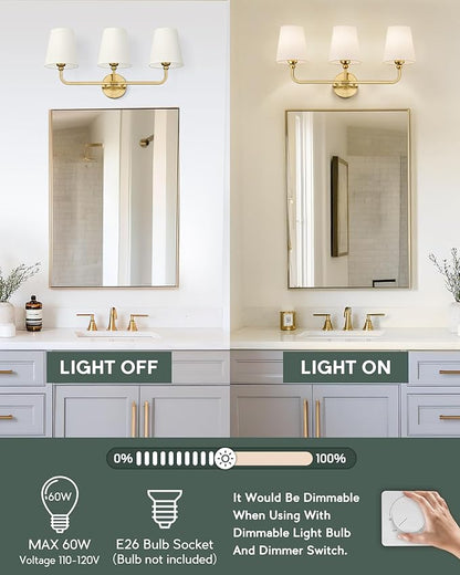 Bathroom Light Fixtures, Brushed Gold Vanity Lights with Beige Fabric Shade, 3-Light Wall Sconce, Modern Sconces Wall Lighting for Hallway Bedroom, VL837-BG-B-3