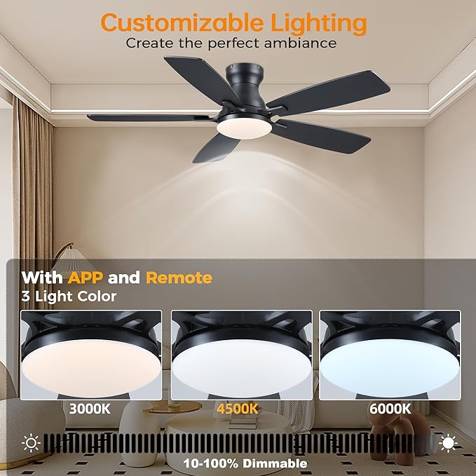 JSAITEE Ceiling Fans with Lights Flush Mount - 46" Low Profile Ceiling Fan with 5 Dual-Sided Blades and 6 Speeds 3CCT Dimmable, Modern Indoor Fan Light Fixtures for Bedroom, Kitchen, Black