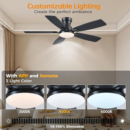 JSAITEE Ceiling Fans with Lights Flush Mount - 46" Low Profile Ceiling Fan with 5 Dual-Sided Blades and 6 Speeds 3CCT Dimmable, Modern Indoor Fan Light Fixtures for Bedroom, Kitchen, Black
