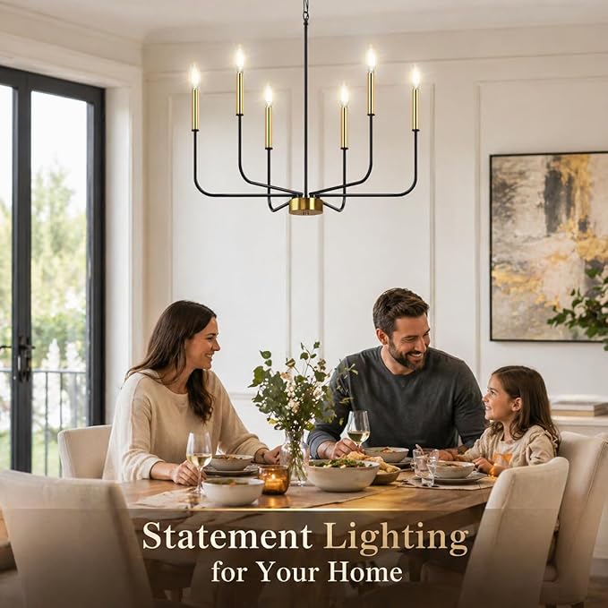 DORESshop 6-Light Black and Gold Farmhouse Chandeliers for Dining Room, Light Fixture Adjustable Height, Industrial Modern Chandeliers for Living Room, Bedroom and Foyer
