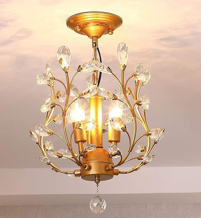 Garwarm 3-Light Crystal Chandeliers,Ceiling Lights,Crystal Pendant Lighting,Ceiling Light Fixtures for Living Room Dining Room Bedroom Restaurant Porch(Gold)