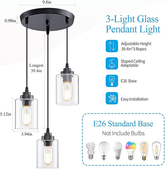 SKEJAO 3-Light Pendant Lighting,3 Pendant Light Fixture for Kitchen Island,Dining Lamp Ceiling Hanging,with Adjustable Cord and Glass Shade for Farmhouse Living Dining Room Bar,Black