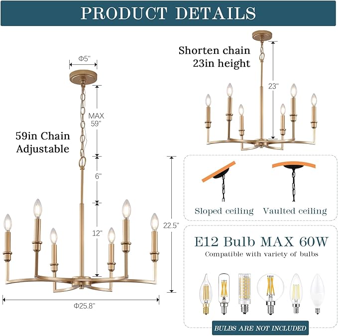 Gold Chandelier Light Fixture 6-Light Candle Dining Room Chandelier Lighting Over Table Vintage Brass Metal Chandeliers for Bedroom Kitchen Island Foyer Entryway, 26in