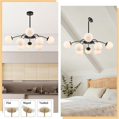 Longree 8-Light Black and White Sputnik Chandeliers with Milk Glass Pendant Light Fixture, with Blossom Accent Mid Century Frosted Glass Bubble Ceiling Lighting for Dining Entry Living Room