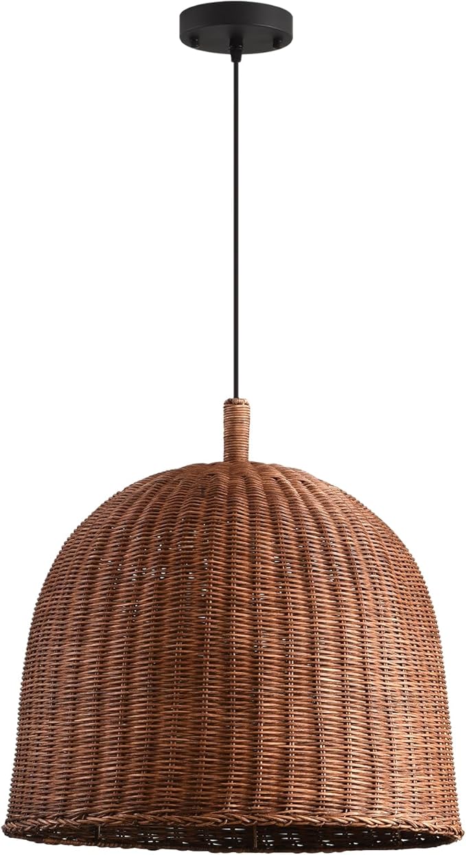 HUEHENGHAO 3-Light Dark Brown Rattan Pendant Light, 13.78" Basket Chandelier Farmhouse Wicker Pendant Light, Basket Wicker Chandelier for Dining Room Kitchen Island Living Room Famhouse