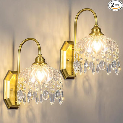 2-Pack Vintage Wall Sconce,Glass Crystal Wall Sconce,Matte Brushed Antique Brass Finish Set of Two for Bedroom Bathroom Hallway Living Room Decor