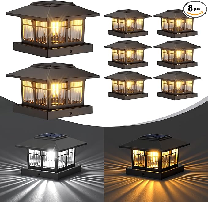 EXCMARK 4x4 Solar Post Cap Lights, 8 Pack Fence Deck Post Lights Outdoor Solar Powered Waterproof with Two Light Modes Warm&Cool White for Garden Patio Decor.(Classic Black, 8)