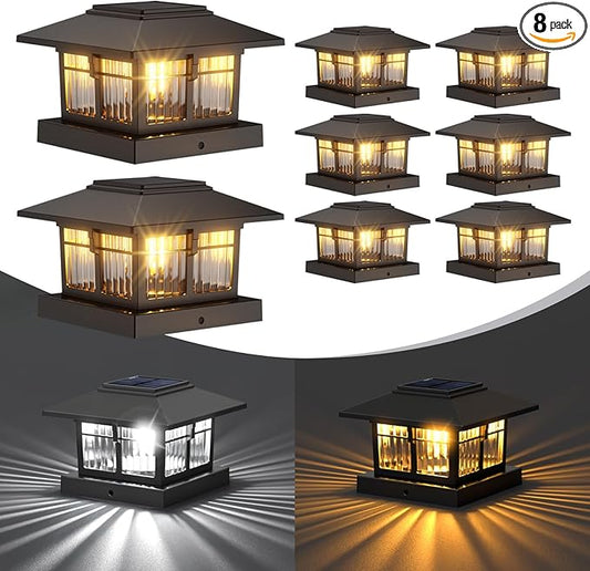 EXCMARK 4x4 Solar Post Cap Lights, 8 Pack Fence Deck Post Lights Outdoor Solar Powered Waterproof with Two Light Modes Warm&Cool White for Garden Patio Decor.(Classic Black, 8)