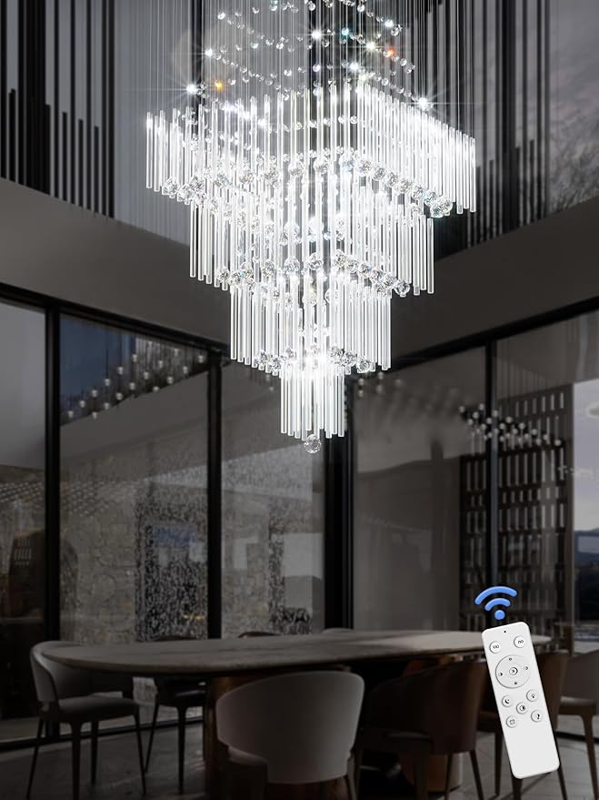Flashing God D32''X H79'' Extra Large Chandeliers for High Ceilings Square Crystal Raindrop Gold Chandeliers Large Villa Chandelier Entrance Foyer Ceiling Light LED Dimmable 2700K-6000K