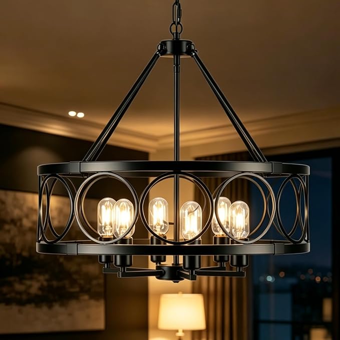 6-Lights Black Chandelier for Dining Room Light Fixture 22.5" Modern Farmhouse Chandeliers Ceiling Light Industrial Drum Hanging Pendant Lights for Kitchen Island Living Room Entryway Bedroom