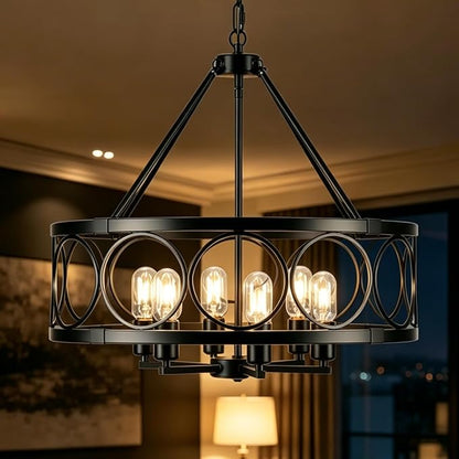 6-Lights Black Chandelier for Dining Room Light Fixture 22.5" Modern Farmhouse Chandeliers Ceiling Light Industrial Drum Hanging Pendant Lights for Kitchen Island Living Room Entryway Bedroom