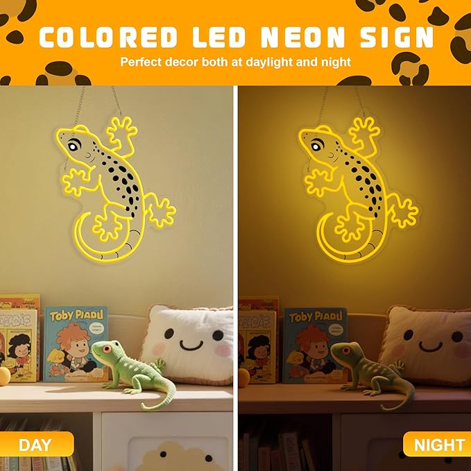 OkiyiD Gecko Neon Sign, Gecko Wall Art Decor Gifts with USB Power, Wild Reptile Themed Ambient Lighting for Bedroom, Office, Game Room and Bar