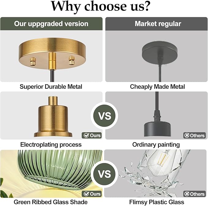 2 Pack Pendant Lights with Vintage Green Ribbed Glass Lampshade, Adjustable Brushed Gold Pendant Lights Fixtures for Kitchen Island Lighting Sink, Dining & Living Room Hallway (Bulbs Not Included)