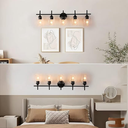 Bathroom Light Fixtures 5-Light Black Vanity Light with Clear Glass Shade, Modern Wall Lights for Bedroom Hallway Living Room (Black, 5-Light)