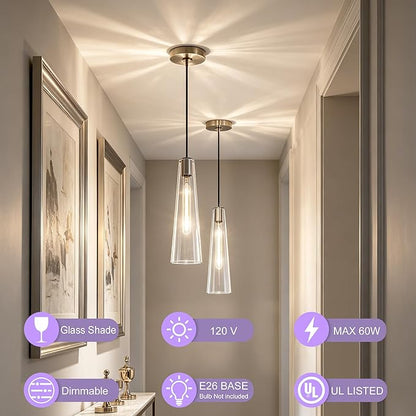 Modern Glass Pendant Lights Kitchen Island, Dimmable Brushed Nickel Pendant Light Fixtures 1 Pack, Adjustable Farmhouse Hanging Light Fixture with Clear Glass Shades for Hallway Dining Room