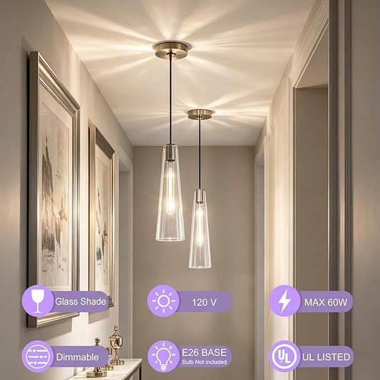 Modern Glass Pendant Lights Kitchen Island, Dimmable Brushed Nickel Pendant Light Fixtures 1 Pack, Adjustable Farmhouse Hanging Light Fixture with Clear Glass Shades for Hallway Dining Room