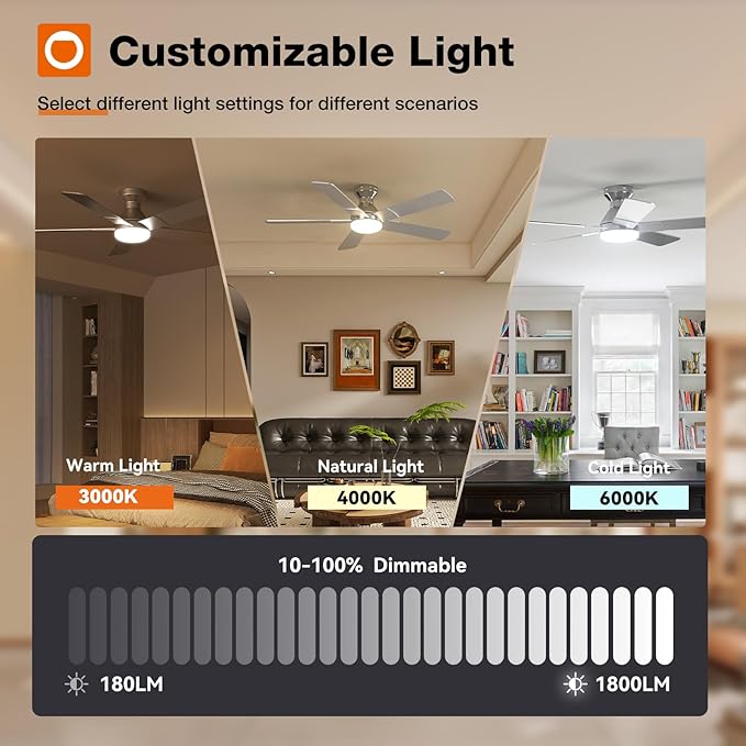 addlon Ceiling Fans with Lights, 52 inch Low Profile Ceiling Fan with Light and Remote Control, Flush Mount, Reversible, 3CCT, Dimmable, Noiseless, Nickel Ceiling Fan for Bedroom, Indoor/Outdoor Use