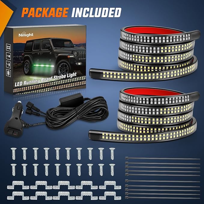Nilight 2PCS 70 Inch Emergency Strobe Light Strip 1125 LED Running Board Lights Green White Flexible Side Flashing Warning Caution Safety Waterproof for Truck Construction Vehicles Pickup