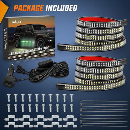 Nilight 2PCS 70 Inch Emergency Strobe Light Strip 1125 LED Running Board Lights Green White Flexible Side Flashing Warning Caution Safety Waterproof for Truck Construction Vehicles Pickup