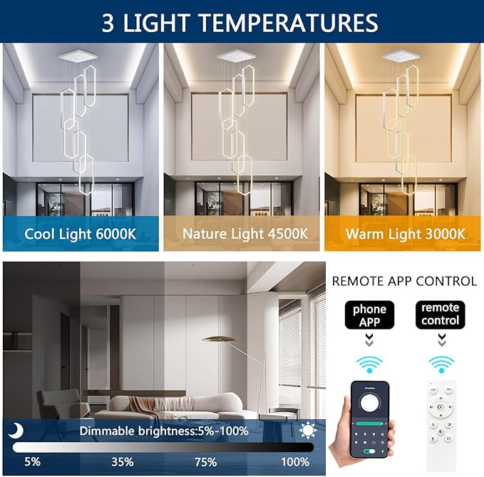 6 Rings Modern Chandelier LED Dimmable Pendant Lighting Adjust Flush Mount Ceiling Light for Foyer Lobby Living Room Staircaes Sliver 78.7''