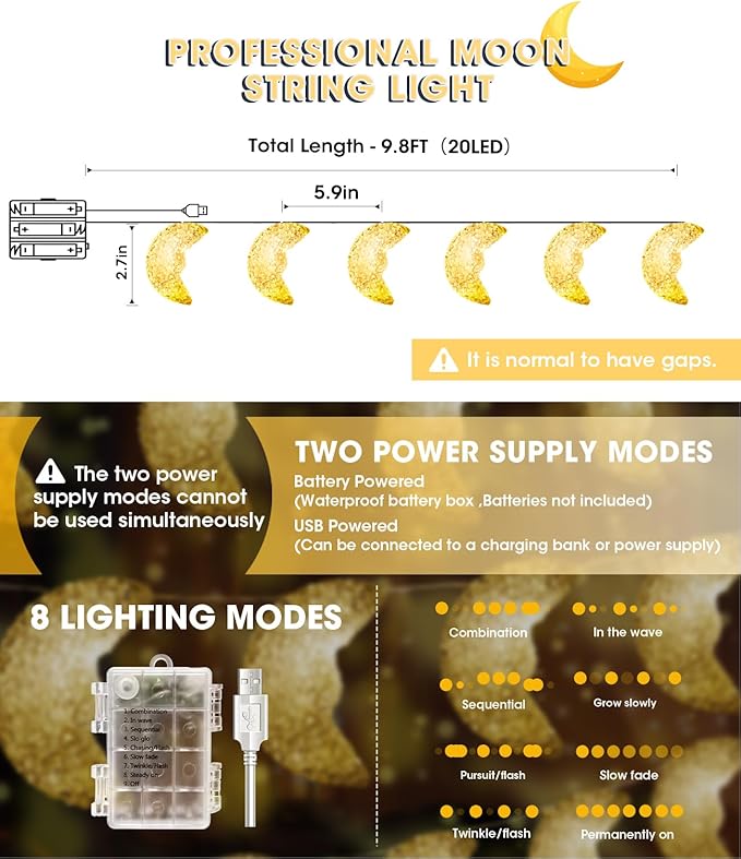 AceList Moon String Lights, 9.8FT 20 LED Decorative Fairy Lights, USB & Battery Powered for Bedroom, Party, Dorm, Camping, Mother’s Day, Holiday and Everyday Home Decor