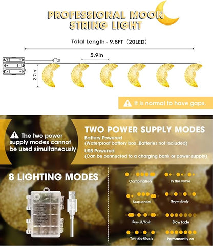 AceList Moon String Lights, 9.8FT 20 LED Decorative Fairy Lights, USB & Battery Powered for Bedroom, Party, Dorm, Camping, Mother’s Day, Holiday and Everyday Home Decor