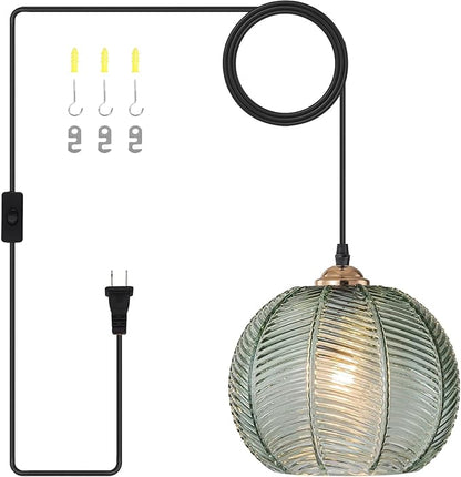 Plug in Pendant Lighting, 8.6" Green Glass Pendant Light Plug in Hanging Light Fixture with Cord, Mid Century Modern Hanging Lamp for Living Room Bedroom Dining Room Kitchen