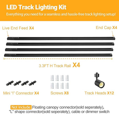 VANoopee 12-Light LED Track Lighting Kit with 13FT H Type Track Lighting Rail, Dimmable LED Track Light Heads Modern Kitchen Track Lighting Fixtures Ceiling Spot Light 3000K 24° CRI90+ 10W 800lm Black