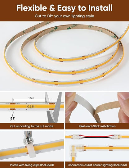 COB LED Strip Lights 6000K Cold White DC24V 16.4ft/5m CRI90+ Super Bright Dimmable Flexible LED Tape Lights with Music Sync Smart App RF Remote Control for Living Room Ceiling Cabinet Lighting