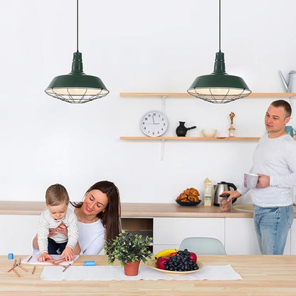 Green Industrial Pendant Lights Kitchen Island, 18.1 Inch Large Pendant Light, Farmhouse Pendant Light with Wire Cage, Barn Pendant 2 Pack, Island Pendant Lights for Kitchen Dining Room