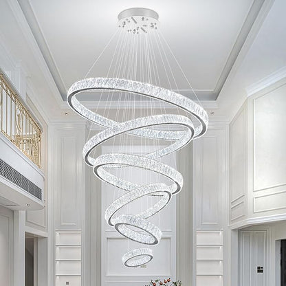 Extra Large 6 Ring Crystal Chandelier Modern LED Long Crystal Chandelier for High Ceiling Height Adjustable D8+15.7"+23.6"+31.5"+39.4"+47.5" Dimmable 2700K-6000K