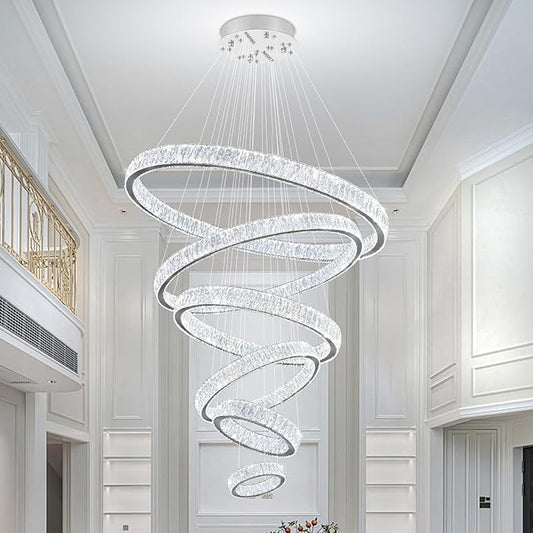 Extra Large 6 Ring Crystal Chandelier Modern LED Long Crystal Chandelier for High Ceiling Height Adjustable D8+15.7"+23.6"+31.5"+39.4"+47.5" Dimmable 2700K-6000K
