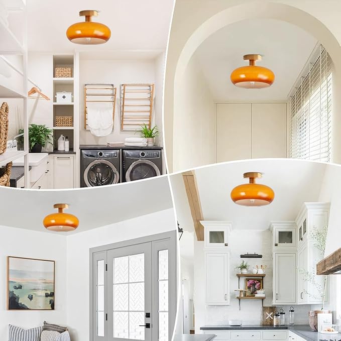 Modern Glass Flush Mount Ceiling Light, Orange Gold Mid Century Hallway Light Fixtures, Vintage Glass Ceiling Lamp, Brushed Brass Pantry Dining Room Light Fixture