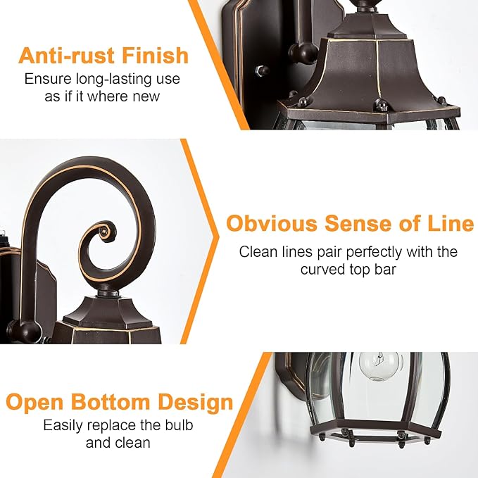 Dusk to Dawn Outdoor Wall Light in Oil Rubbed Bronze with Gold Rim 2-Pack Wall Lamp Outside Sensor Exterior Light Fixtures Wall Mount Porch Light E26 Exterior Wall Sconces for House Garden
