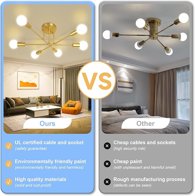 CANMEIJIA Modern Sputnik Chandelier, Ceiling Light Fixture Flush Mount 6-Lights Gold Chandeliers for Living Room Bedroom Dining Room Kitchen, Mid Century Chandeliers, E26 Base, Bulbs Not Included