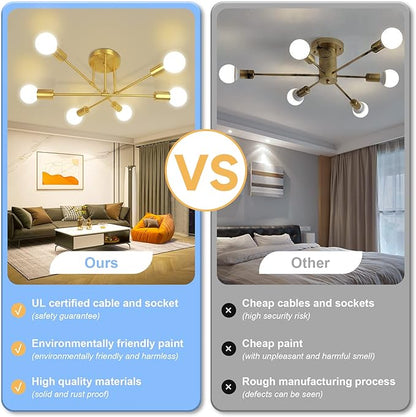 CANMEIJIA Modern Sputnik Chandelier, Ceiling Light Fixture Flush Mount 6-Lights Gold Chandeliers for Living Room Bedroom Dining Room Kitchen, Mid Century Chandeliers, E26 Base, Bulbs Not Included