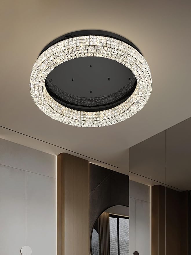 ykolupty 32'' Modern Chandeliers for Living Room Crystal Chandelier Flush Mount Ceiling Light Fixture for Dining Room Living Room Bedroom Dimmable 2700-6000K (Black Chandelier)