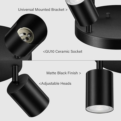AUQUEE LED 4 Light Track Lighting Kit, LED Track Lighting Fixtures, Black Round Ceiling Spot Lighting, Flexibly Rotatable Light Head for Kitchen, Living Room, Bedroom, GU10 Bulb Not Included