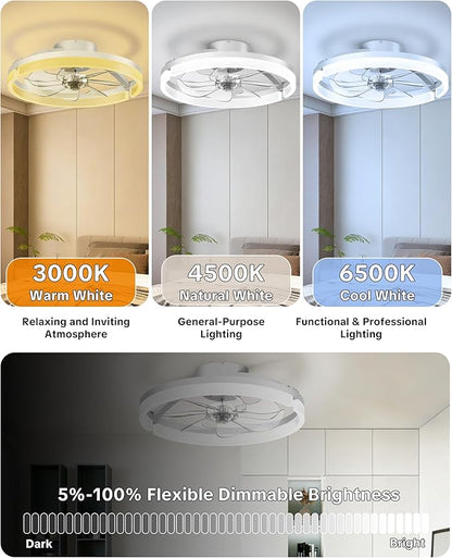 Ceiling Fans with Lights and Remote Low Profile Flush Mount LED Ceiling Fan with Lights 3000K-6500K Dimmable Foldable Fandelier Light 6 Wind Speeds Night Light for Bedroom Living Room White (Frosted)