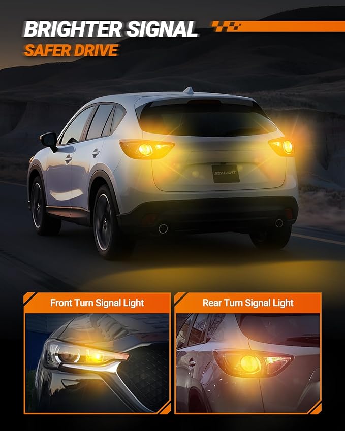 SEALIGHT 7440 7443 LED Bulbs Amber Yellow, Upgraded T20 7444 7443NA 7441 W21W 992 LED 56-SMD with Projector Lens, Need Extra Load Resistor for Front Rear Turn Signal Lights, Pack of 2