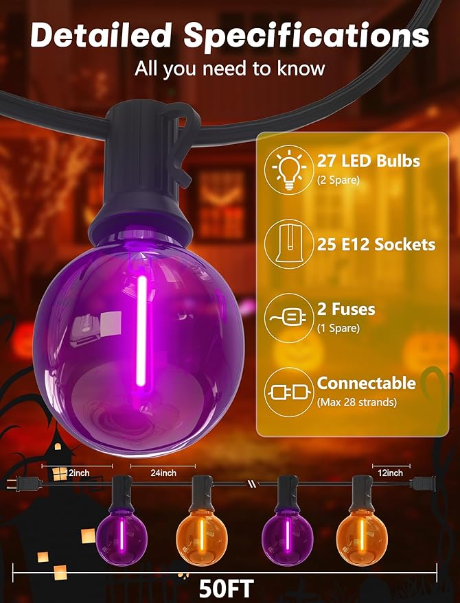 SUNSGNE G40 LED Halloween String Lights Outdoor 50FT Halloween Globe Lights with 27 LED Shatterproof Clear Orange Purple Bulbs(2 Spare) for Patio Balcony Backyard Pergola Decor