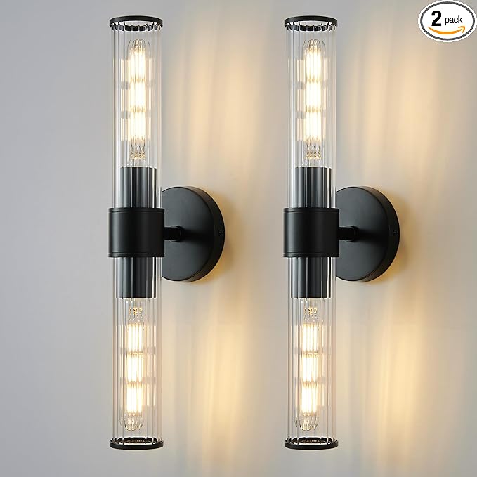 Bathroom Light Fixtures 2 Pack Hardwired, Black Wall Sconce Threaded Glass Vanity Light Featuring Two E26 sockets, Bathroom Wall Light Dimmable - Bulb Not Included, UL Certification