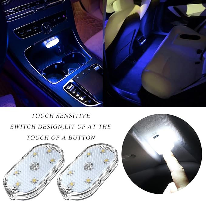 Wevdn 2 PCS Car LED Lights Interior Wireless, Magnetic Car Ambient Lighting with 6 Bright LED Lamp Beads, Portable USB Rechargeable Vehicle Interior Led Night Light for Car (Blue)
